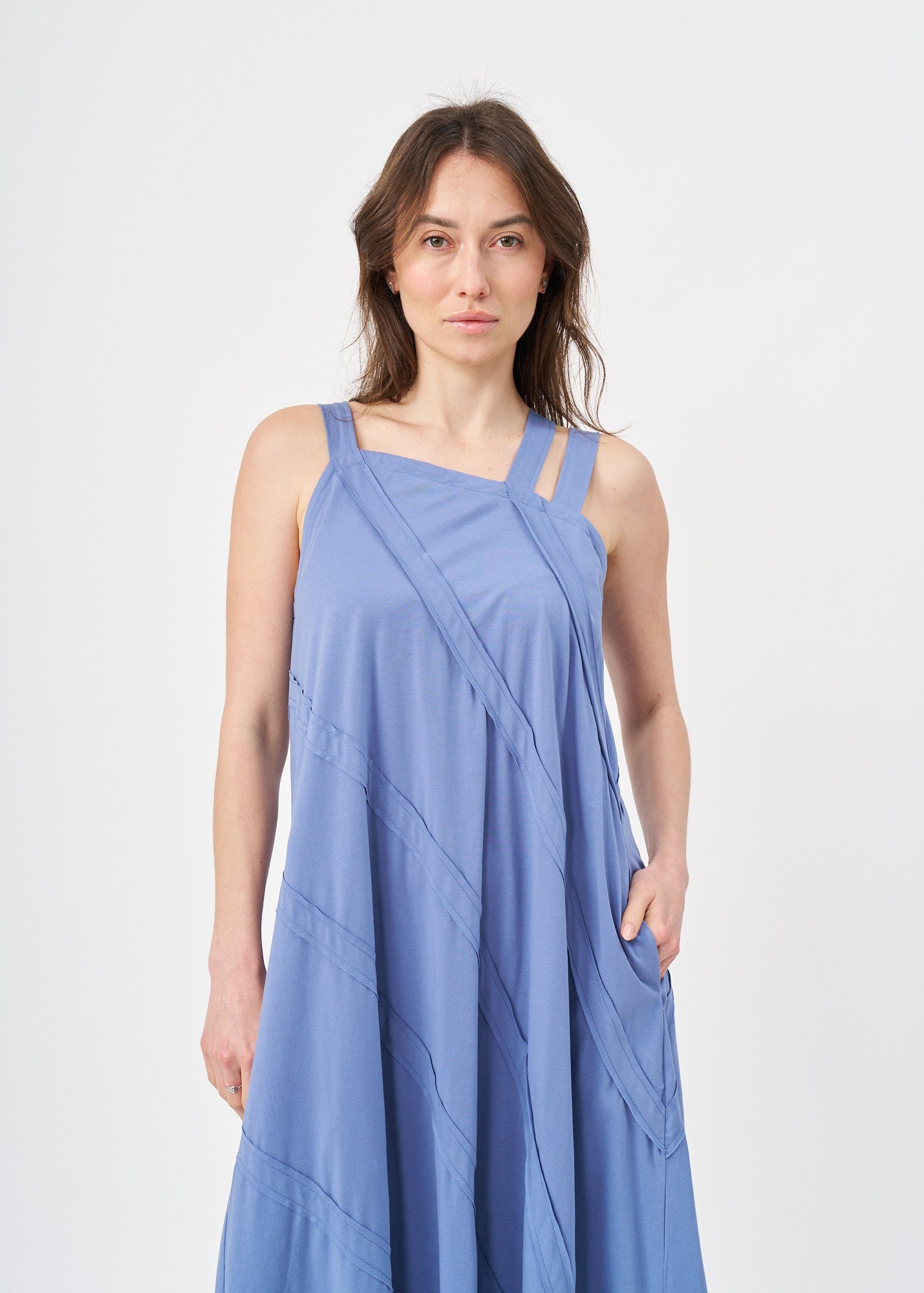 Asymmetrical spaghetti strap dress with blue stitching
