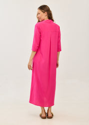 Fuchsia dress with a partial button placket and square pockets