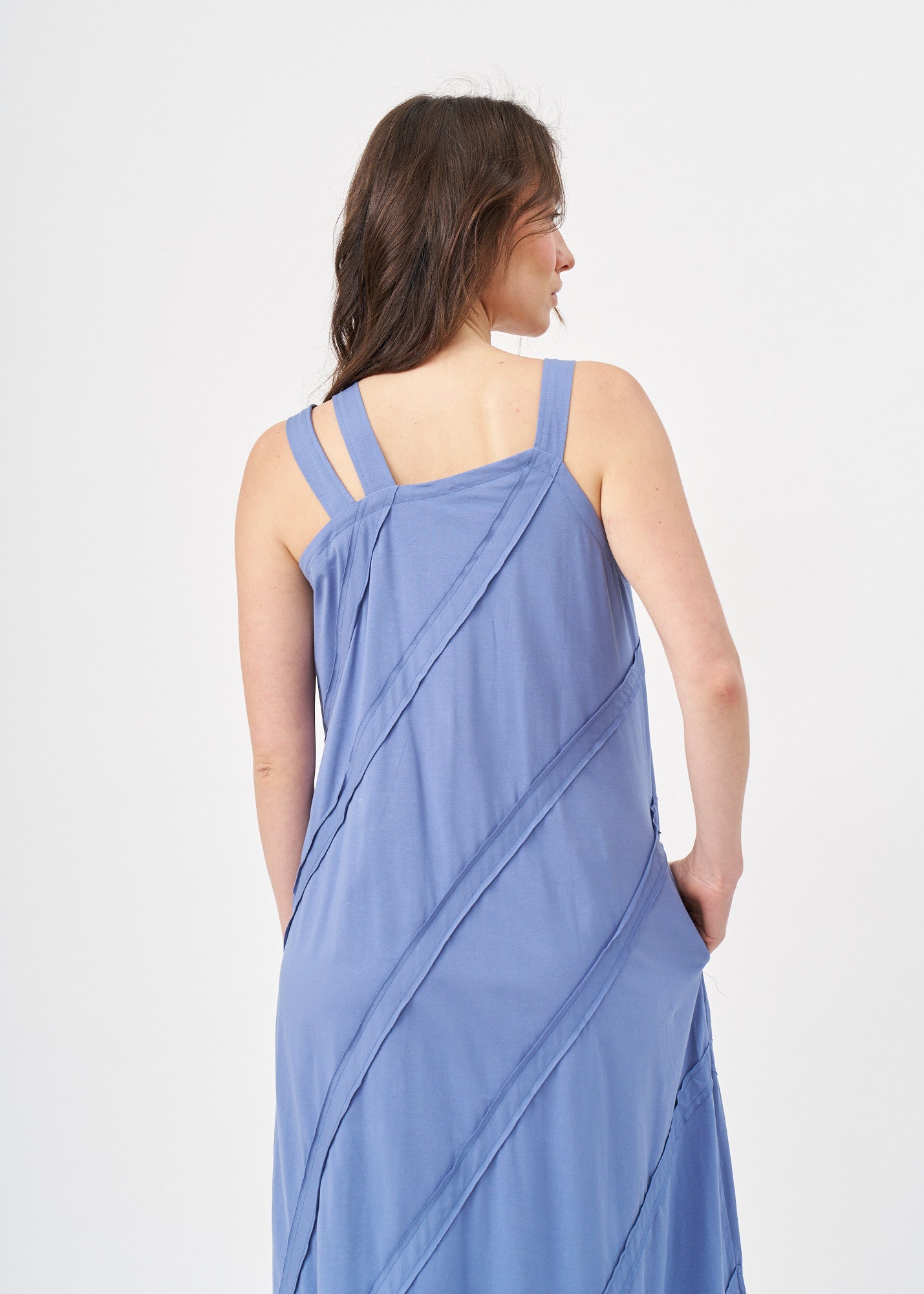 Asymmetrical spaghetti strap dress with blue stitching