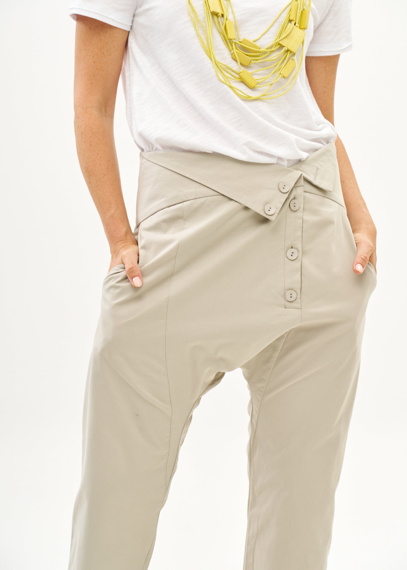 Stone Buttoned Folded Belt Pants