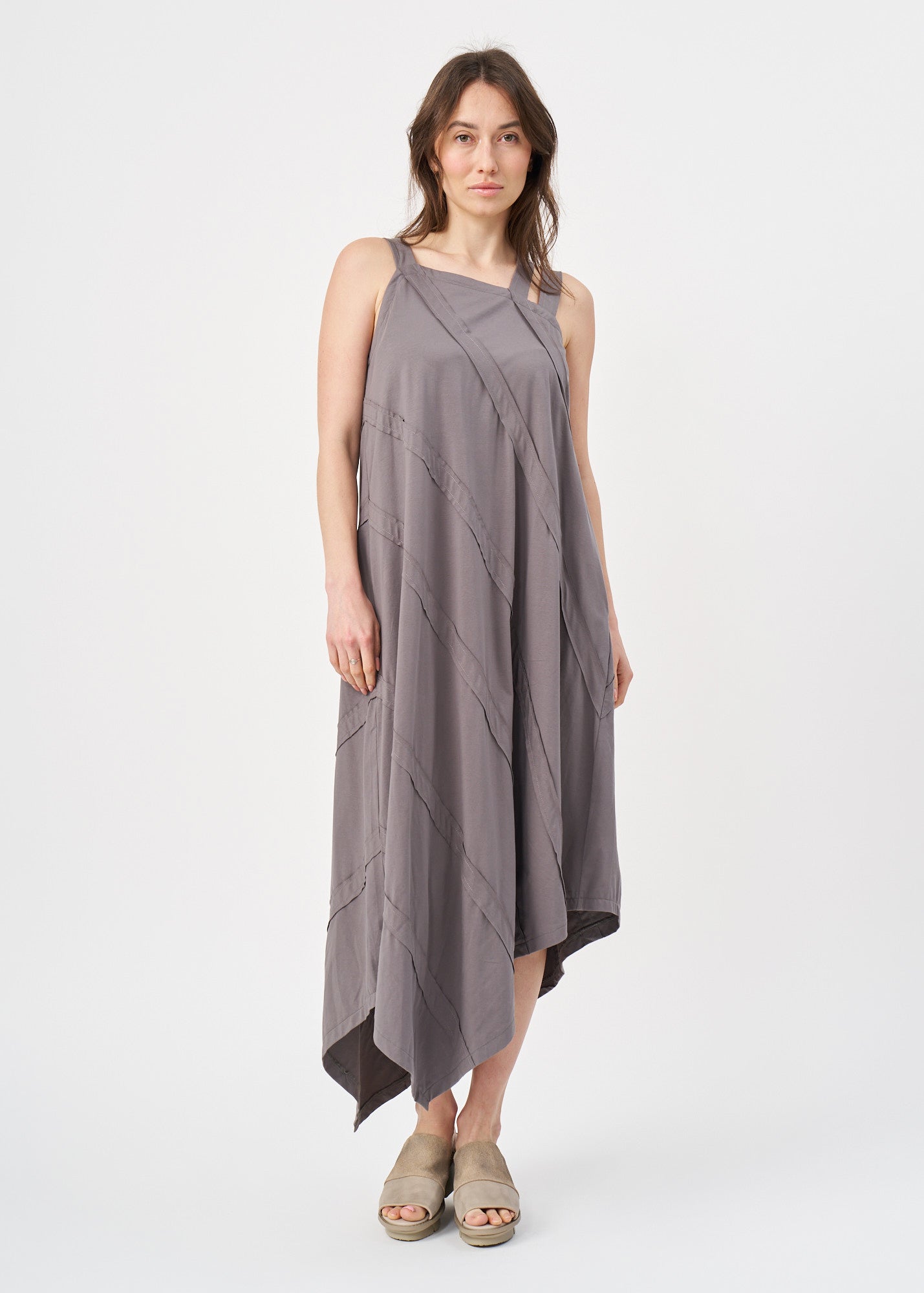 Dark gray asymmetrical spaghetti strap dress with stitching