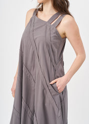 Dark gray asymmetrical spaghetti strap dress with stitching