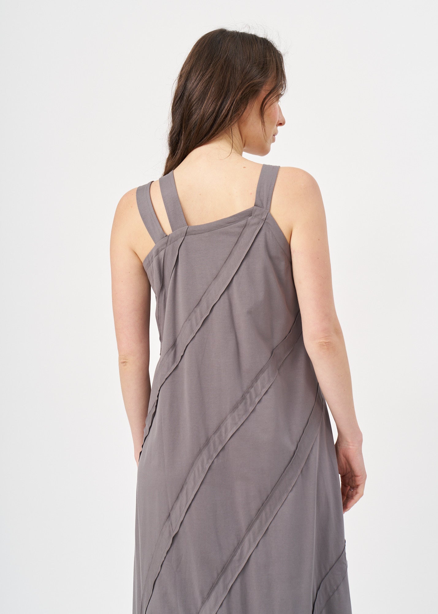 Dark gray asymmetrical spaghetti strap dress with stitching