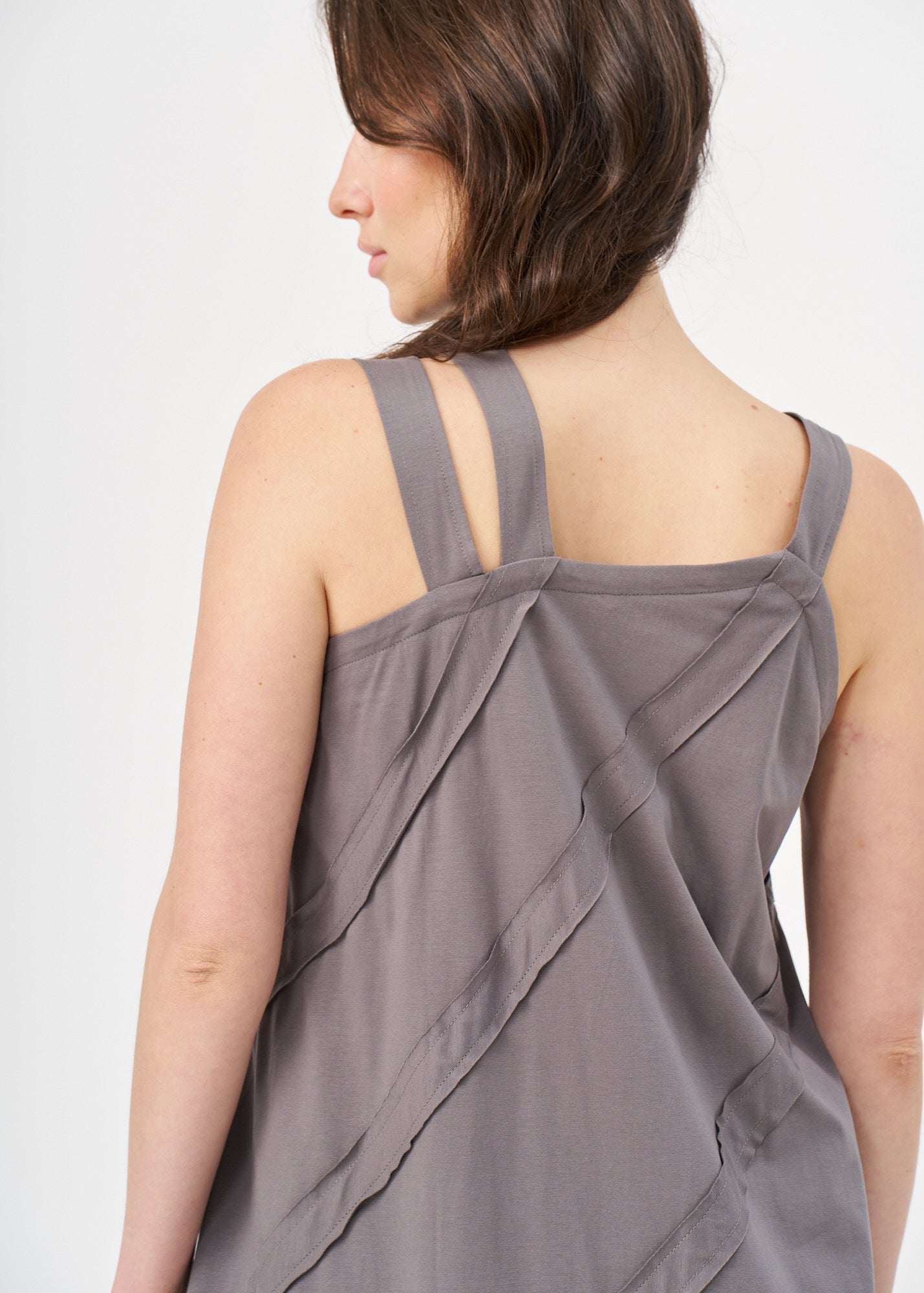 Dark gray asymmetrical spaghetti strap dress with stitching