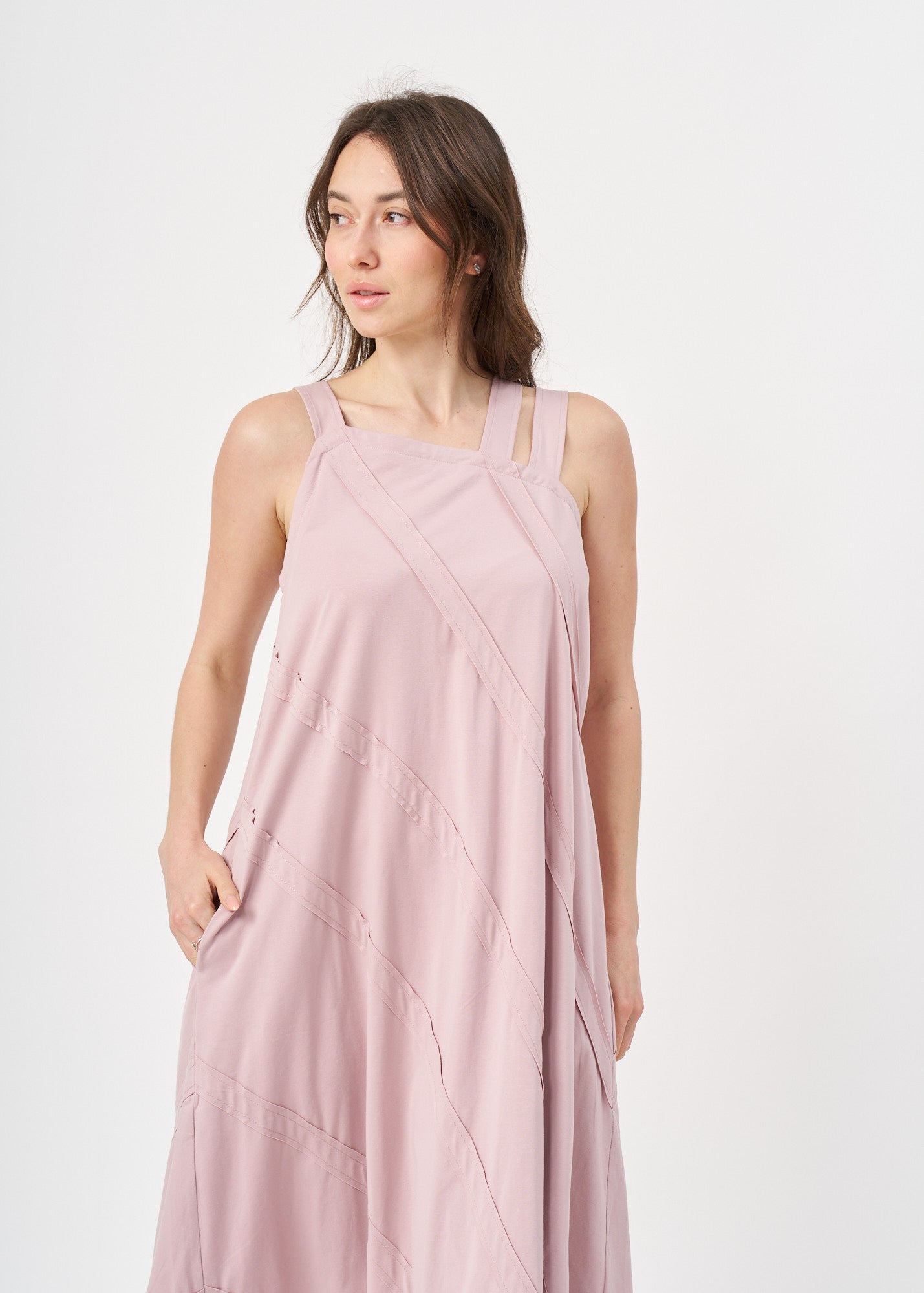 Asymmetrical camisole dress with pink stitching