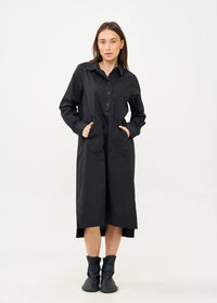 Black long-sleeve dress with a half-button placket and pocket - 00