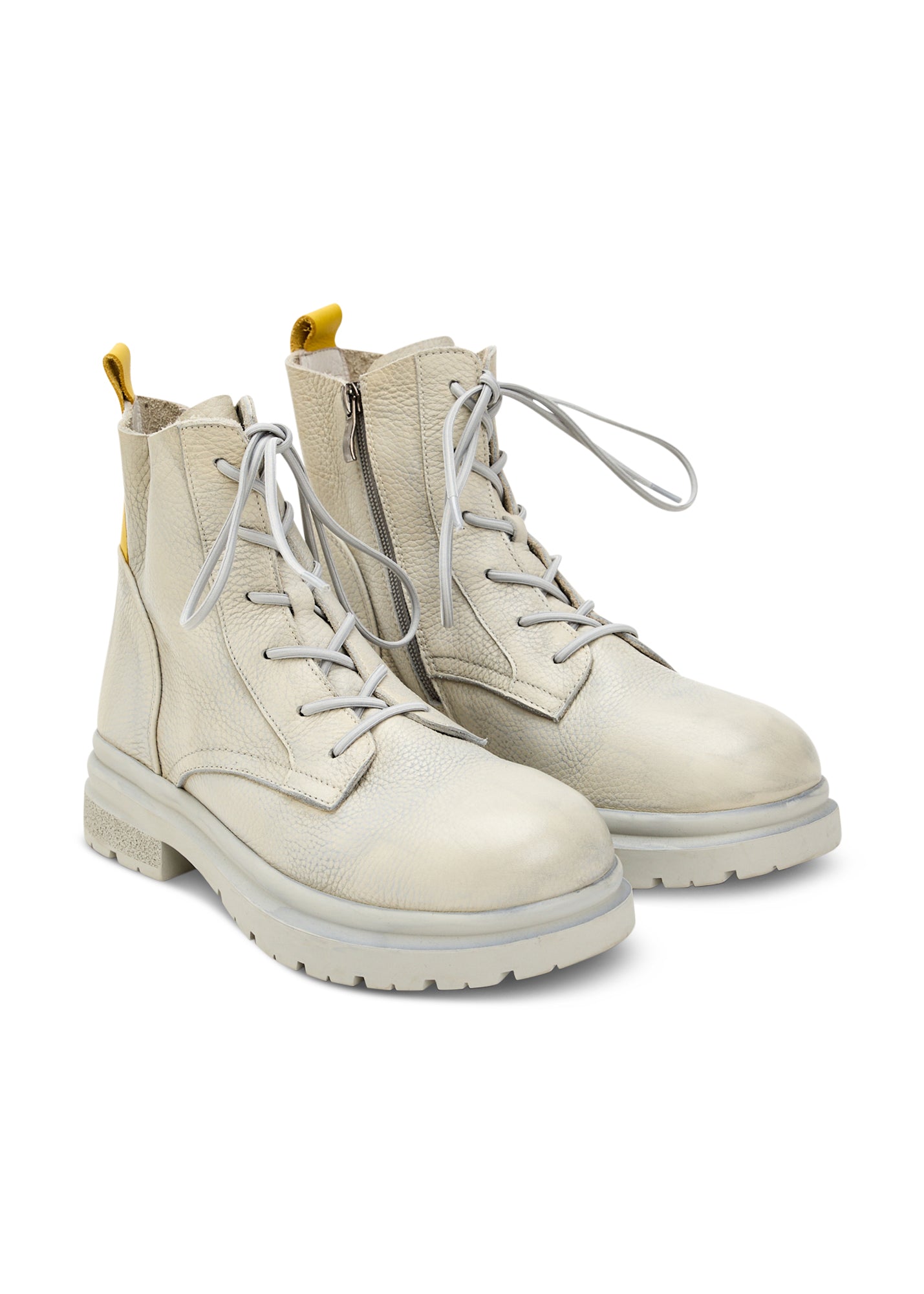 Washed gray leather boots with laces and zipper