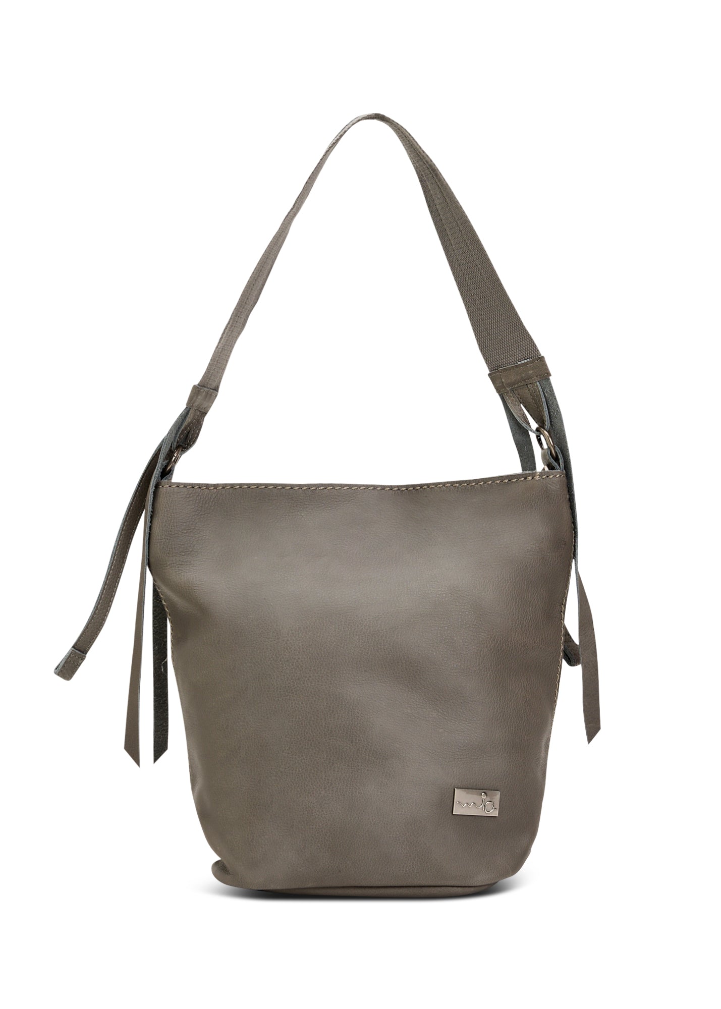 Leather and canvas bucket bag with adjustable strap, gray