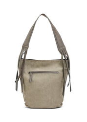Leather and canvas bucket bag with adjustable strap, gray