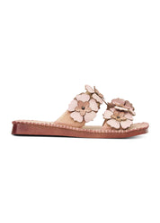 Women's two-strap flip-flops with large beige flowers