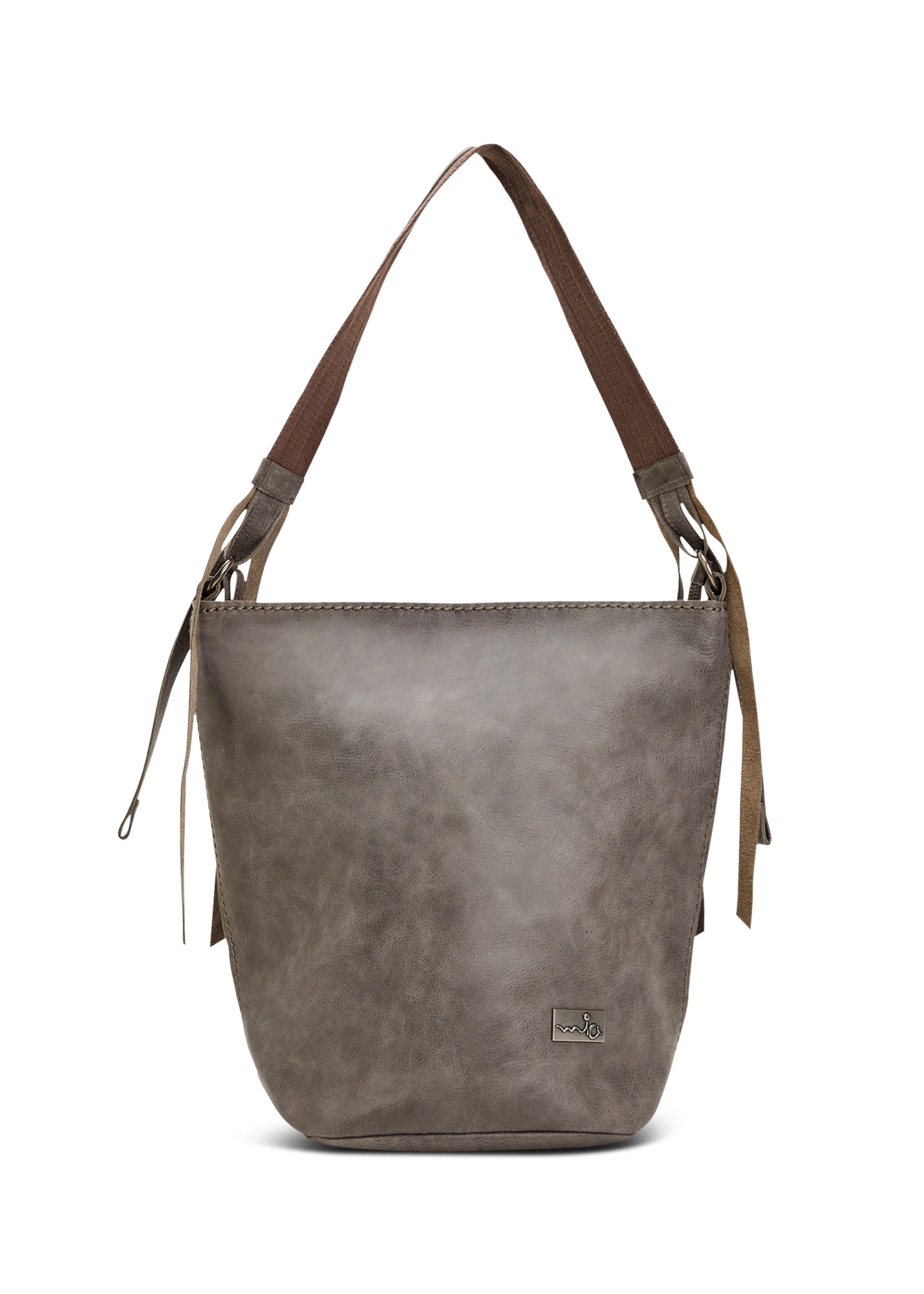 Grey leather bucket bag with adjustable strap