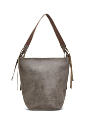 Grey leather bucket bag with adjustable strap