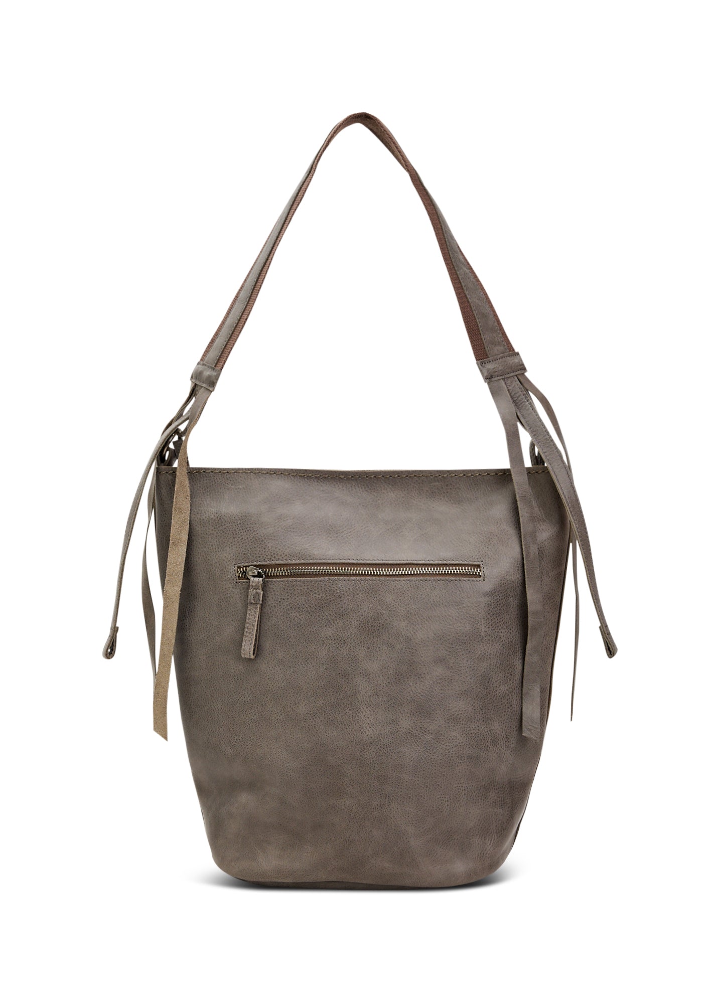 Grey leather bucket bag with adjustable strap