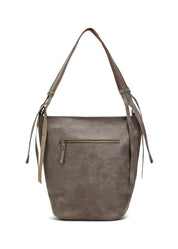 Grey leather bucket bag with adjustable strap