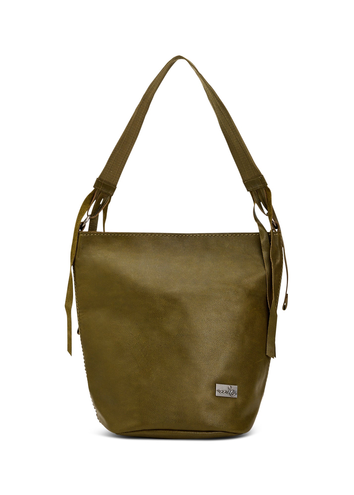 Green leather bucket bag with adjustable strap