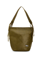 Green leather bucket bag with adjustable strap