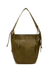 Green leather bucket bag with adjustable strap
