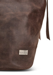 Leather and canvas bucket bag with adjustable strap, brown