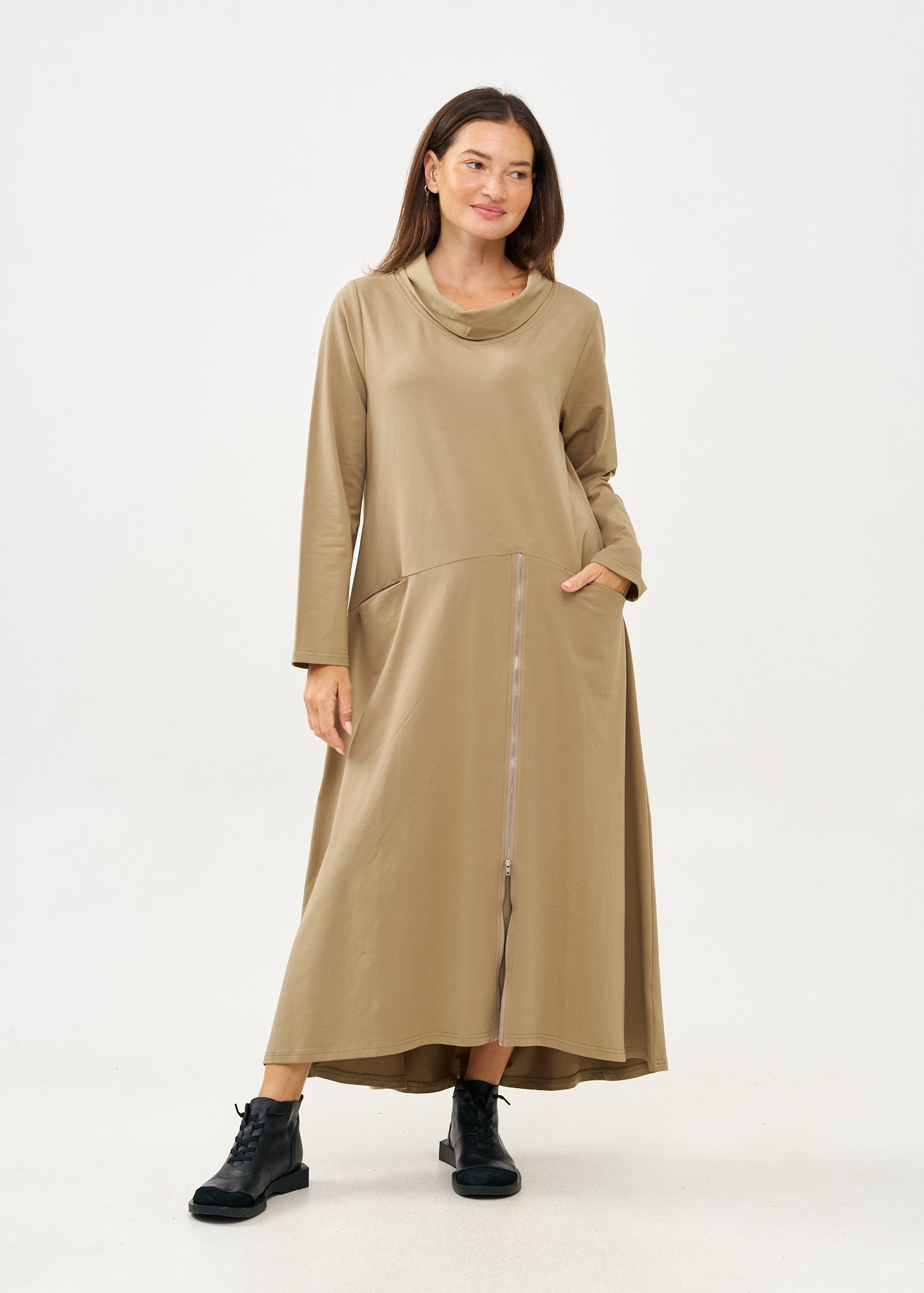 Brown long sleeve turtleneck and zipper dress