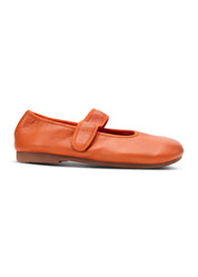 Ballet flats with an orange strap across the top