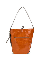 Leather bucket bag with orange button strap