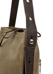 Leather strap bucket bag with stone button