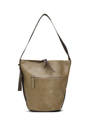 Leather strap bucket bag with stone button