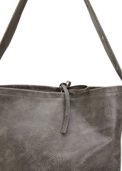Grey leather strap bucket bag with button