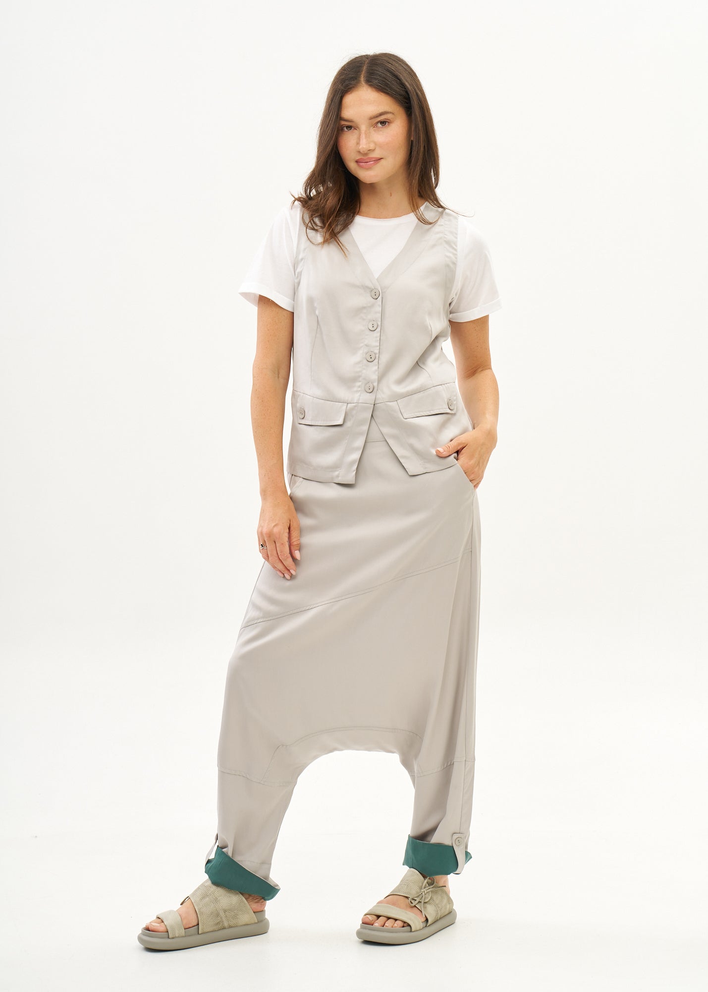 Pants with pockets, color block, folded cuff, gray