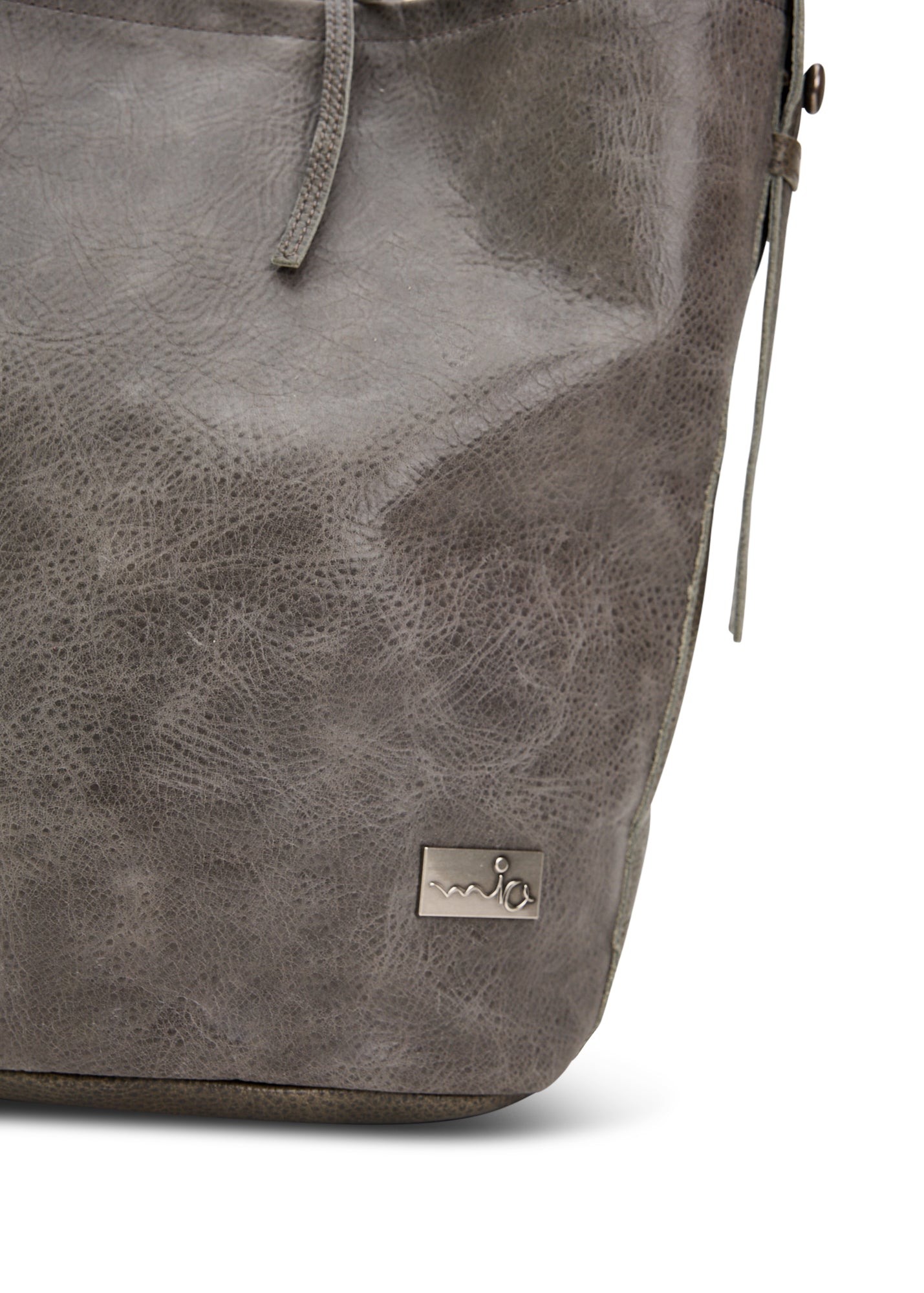 Grey leather strap bucket bag with button