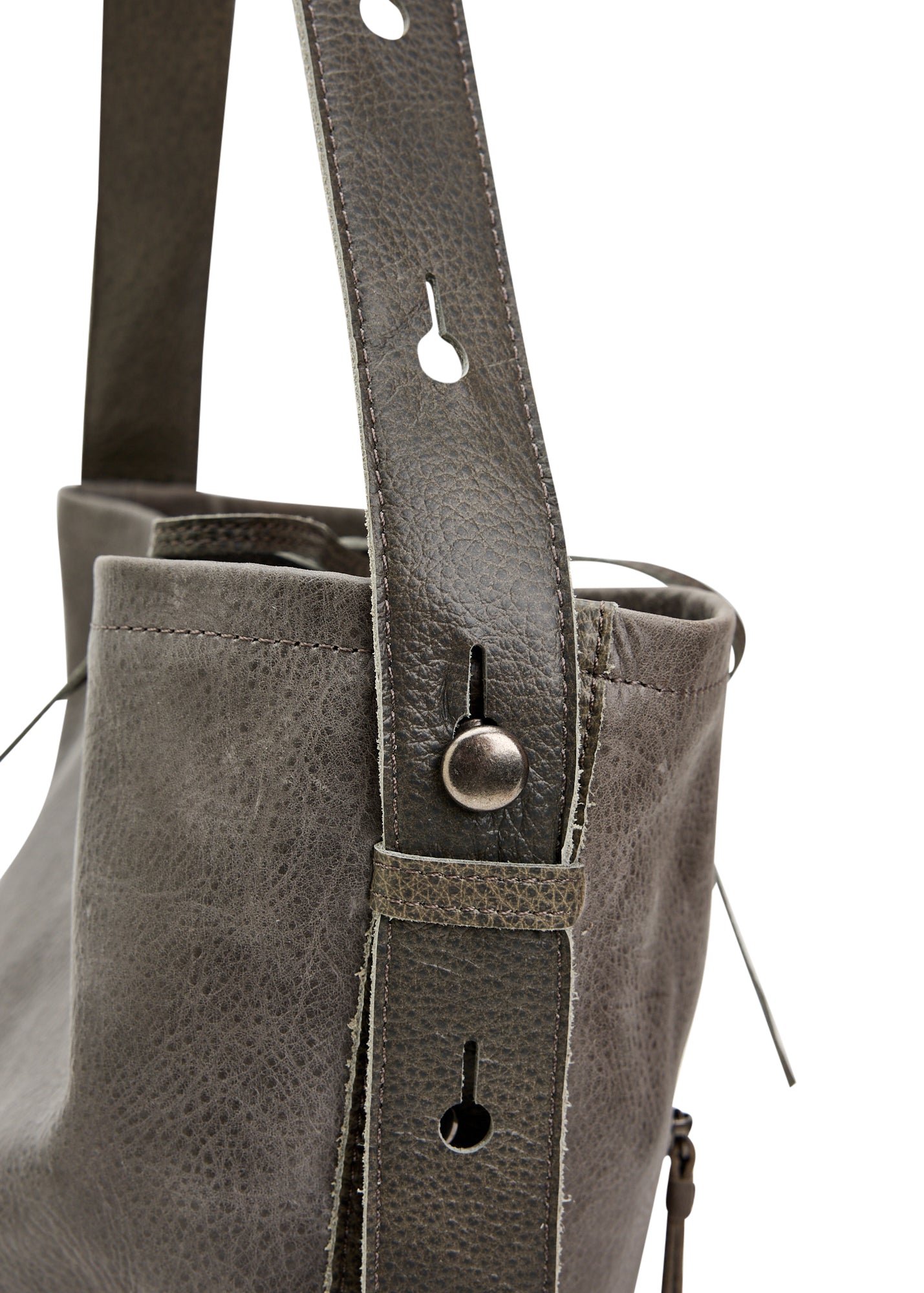 Grey leather strap bucket bag with button