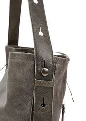 Grey leather strap bucket bag with button