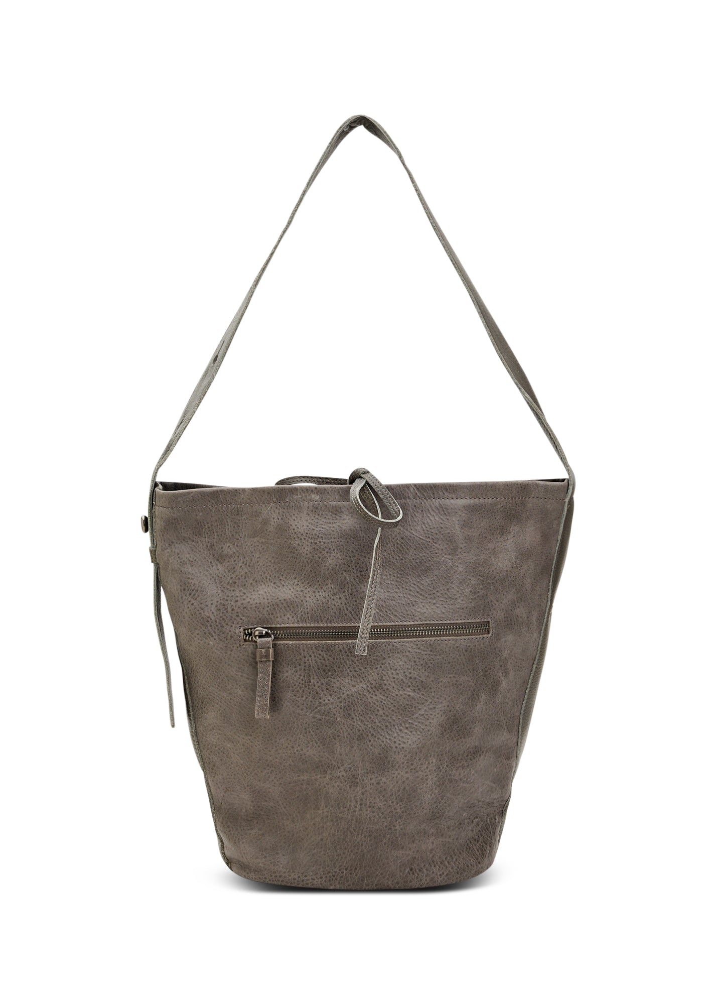 Grey leather strap bucket bag with button