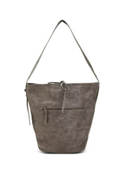 Grey leather strap bucket bag with button