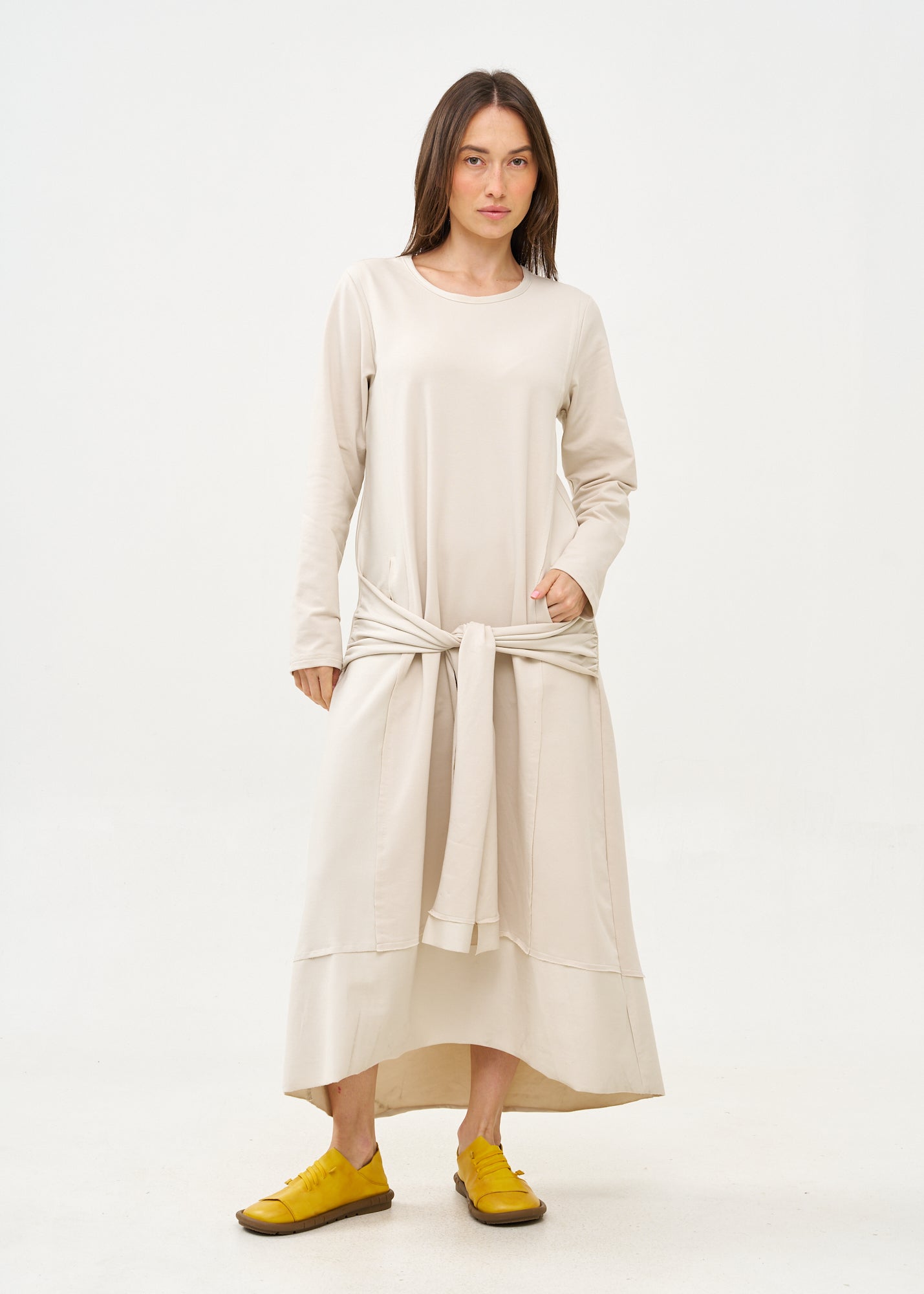 Beige long sleeve tie waist dress