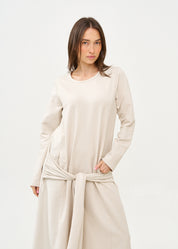 Beige long sleeve tie waist dress