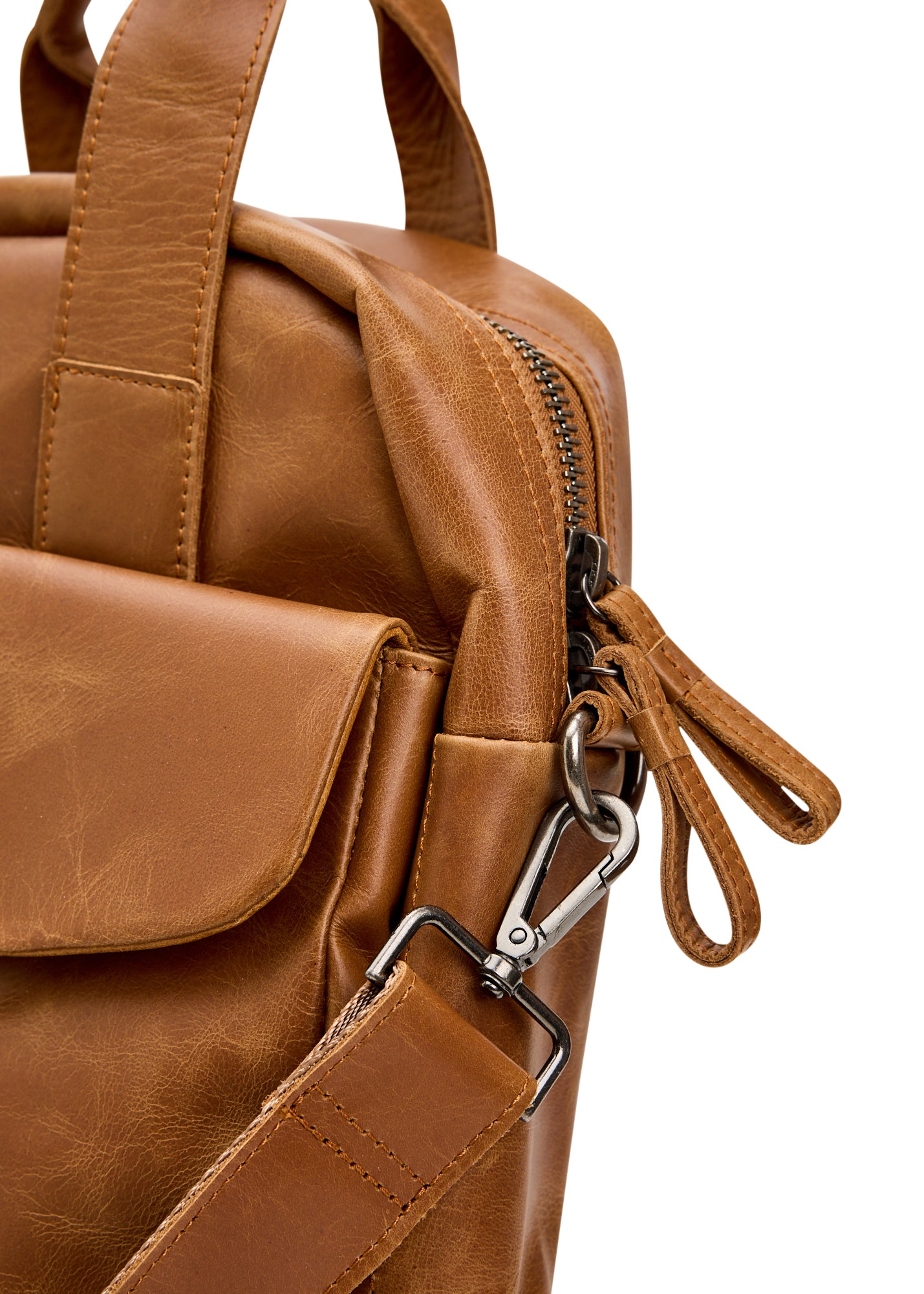 Brown leather backpack with large front pocket