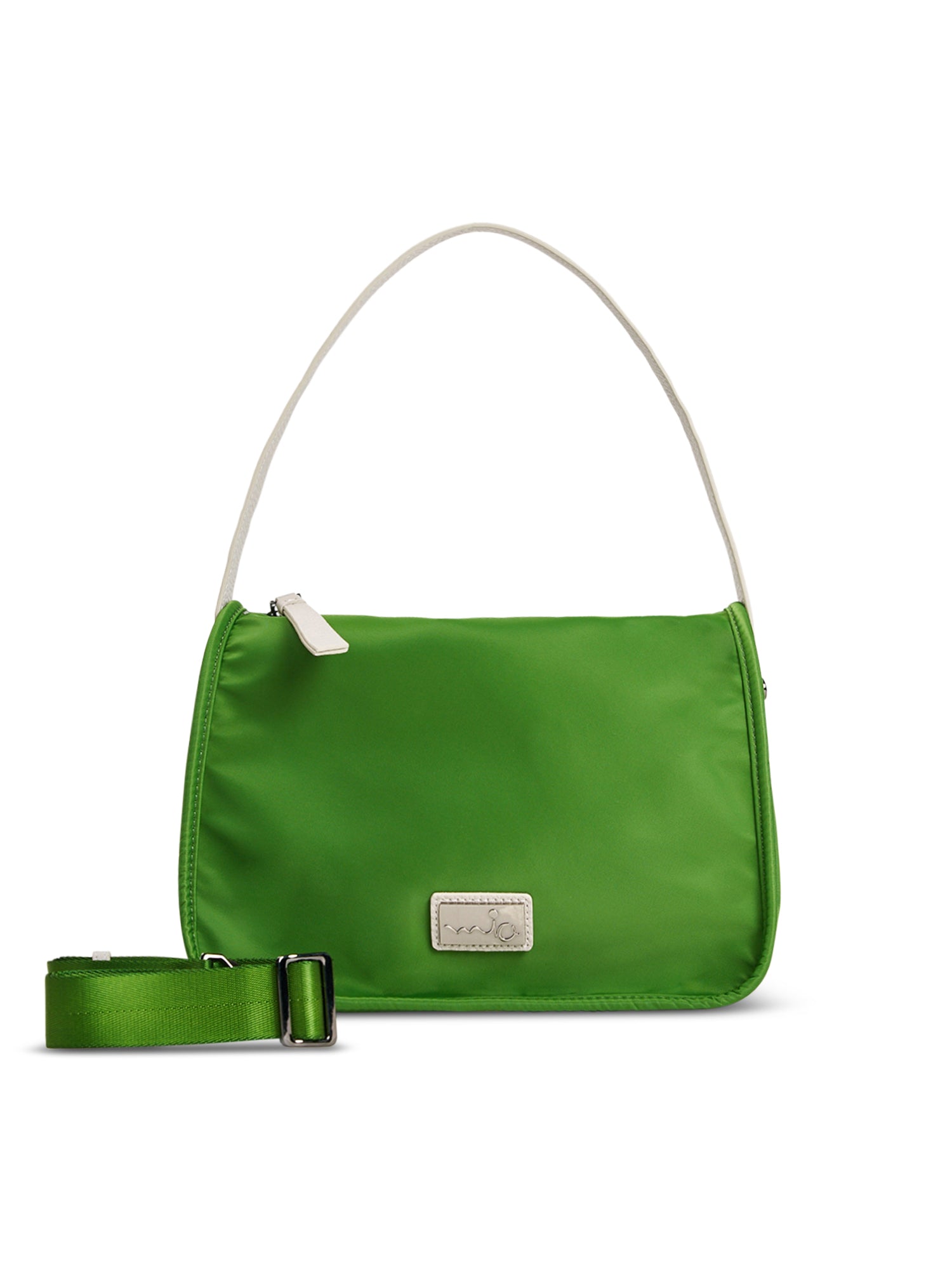 Nylon evening bag with green rotating leather handle