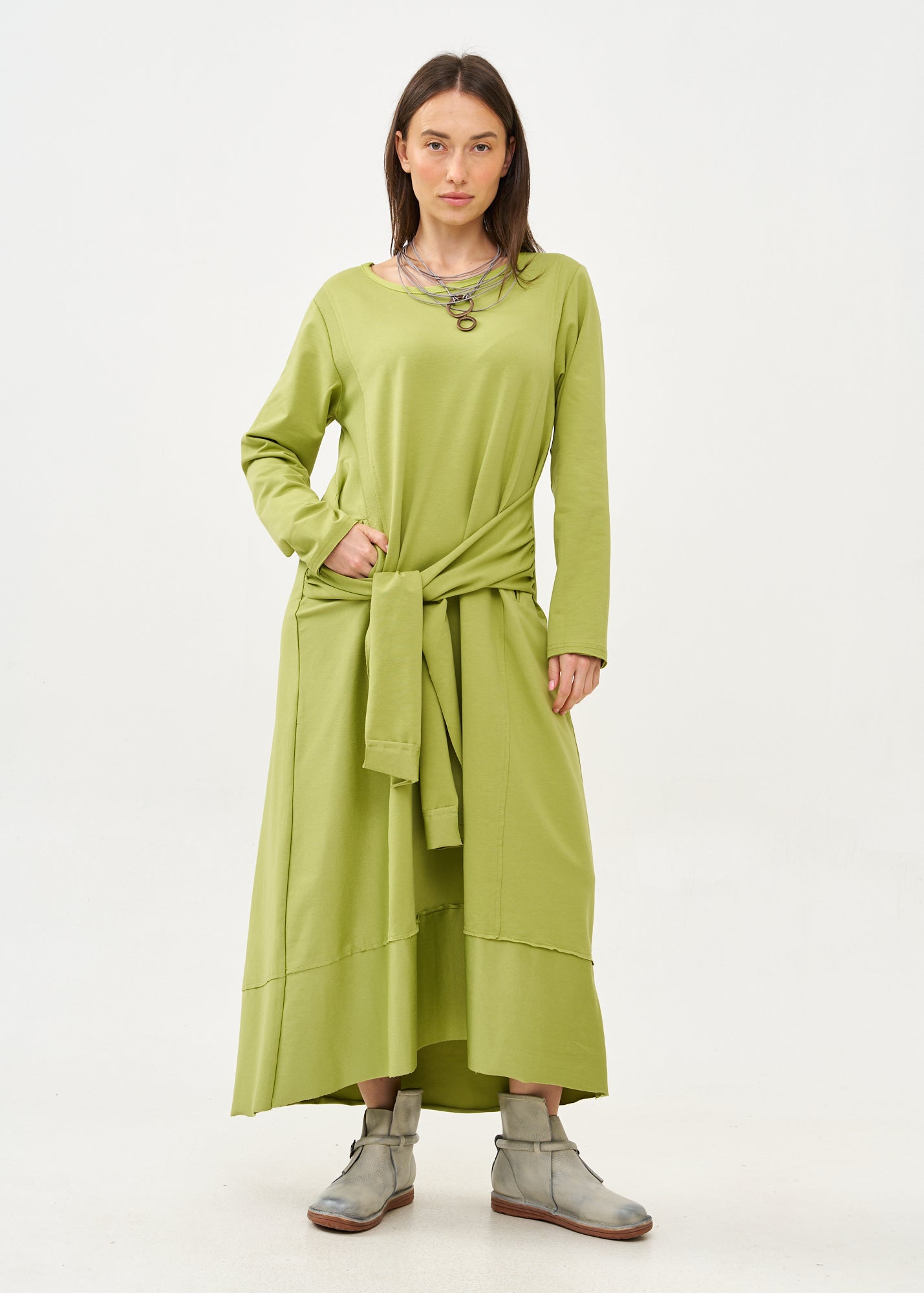 Green long sleeve tie waist dress