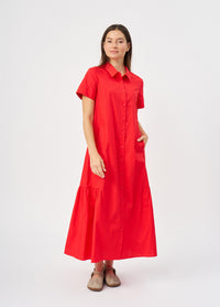 Short sleeve dress with side gathers, red - 00