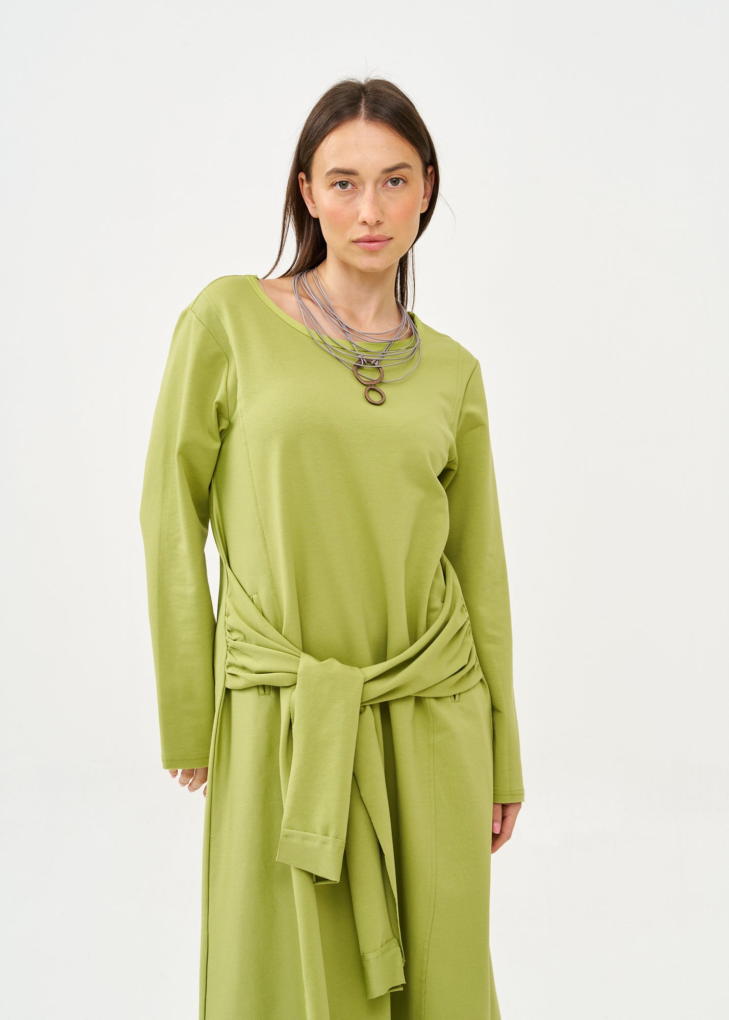 Green long sleeve tie waist dress