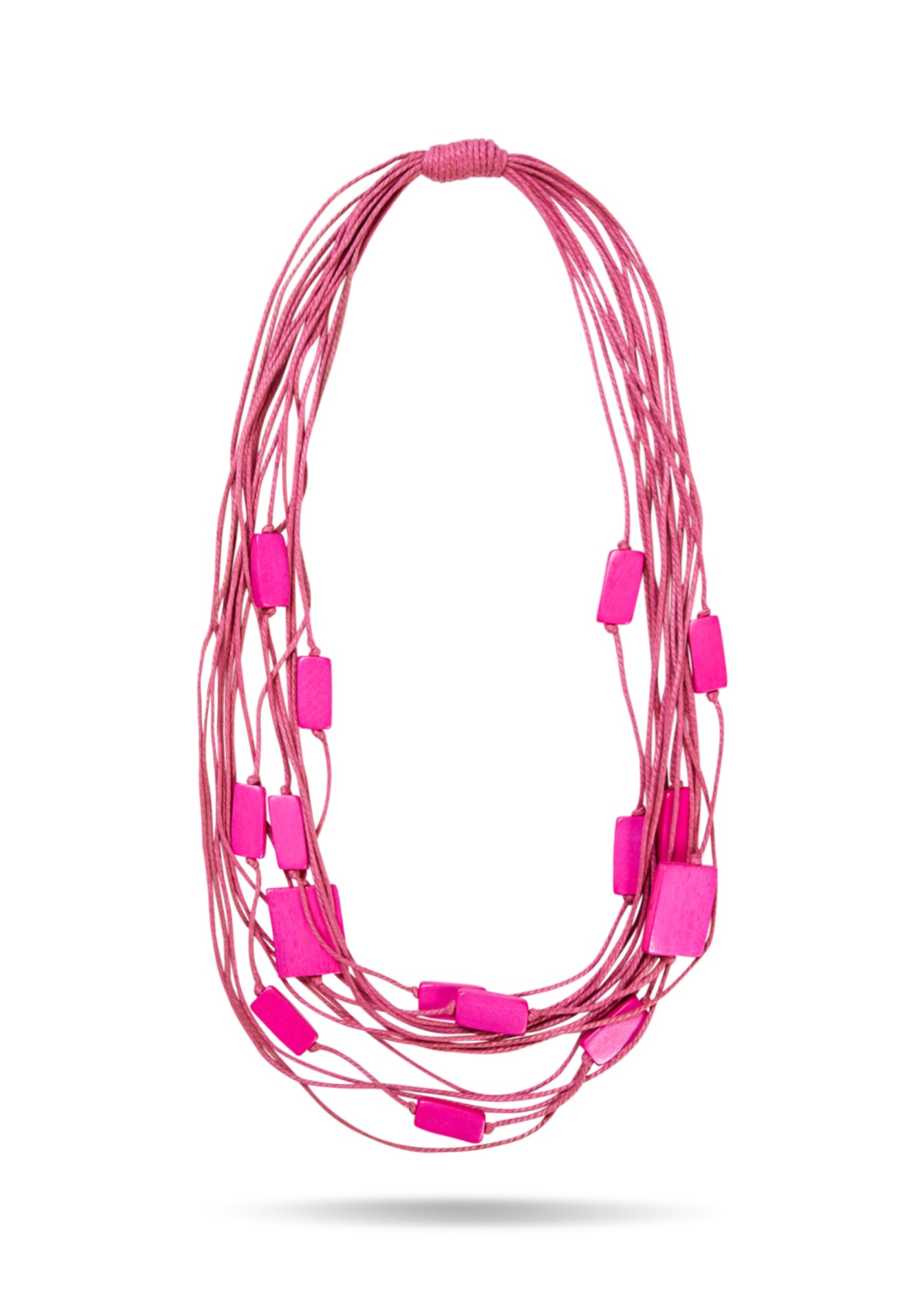 Cotton thread necklace with fuchsia pink wooden rectangles