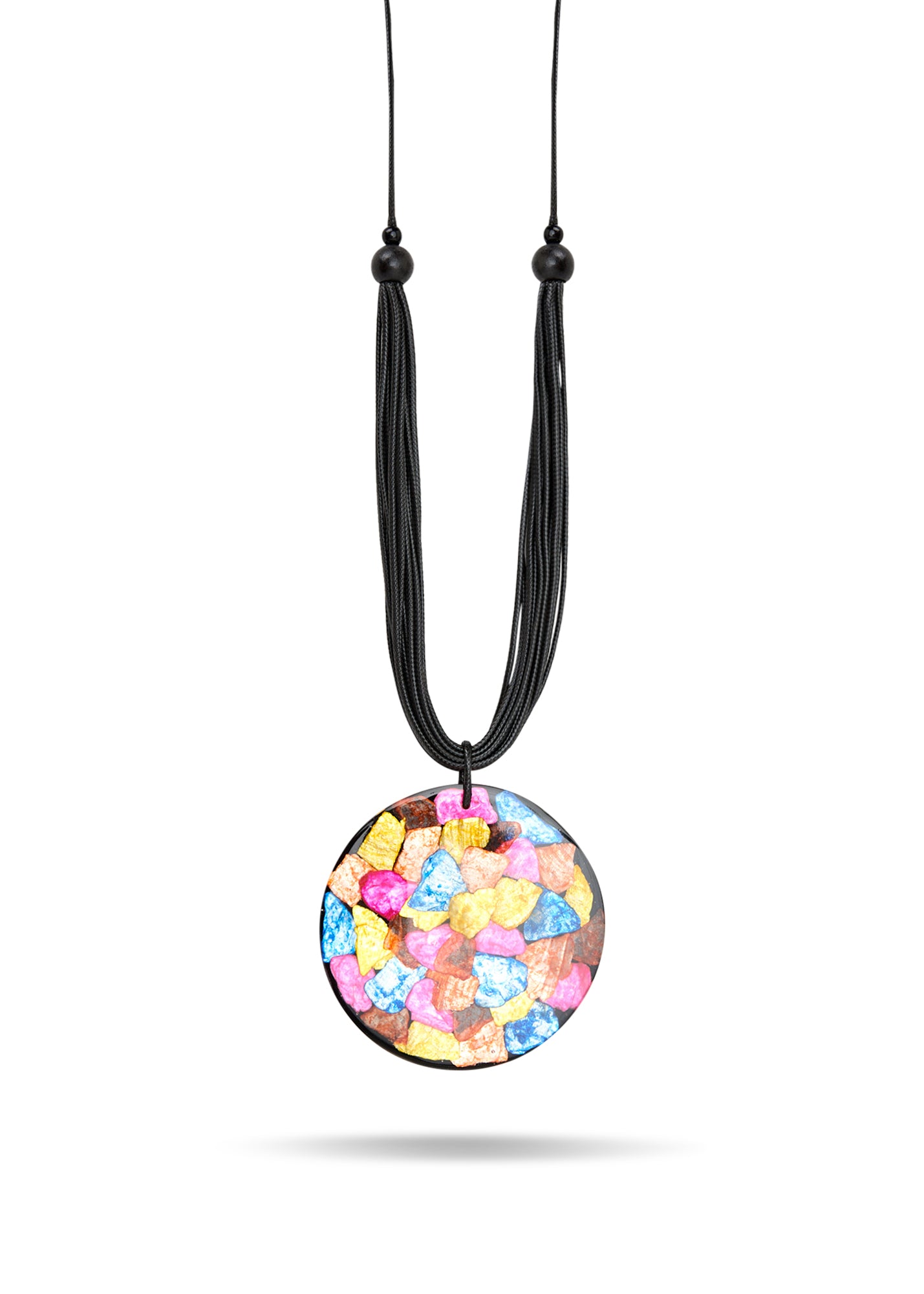 Handmade necklace made of threads and a large colorful resin circle