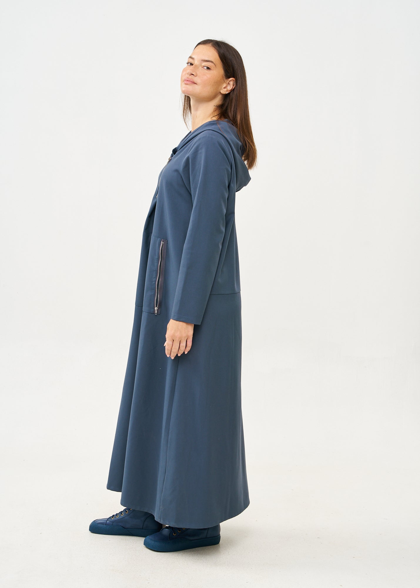 Long sleeve dress with hat and zipper, dark blue