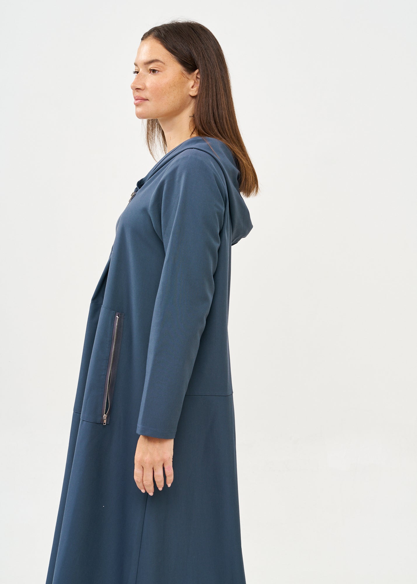 Long sleeve dress with hat and zipper, dark blue