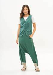Green trousers with pleats, color combination, fold at the hem