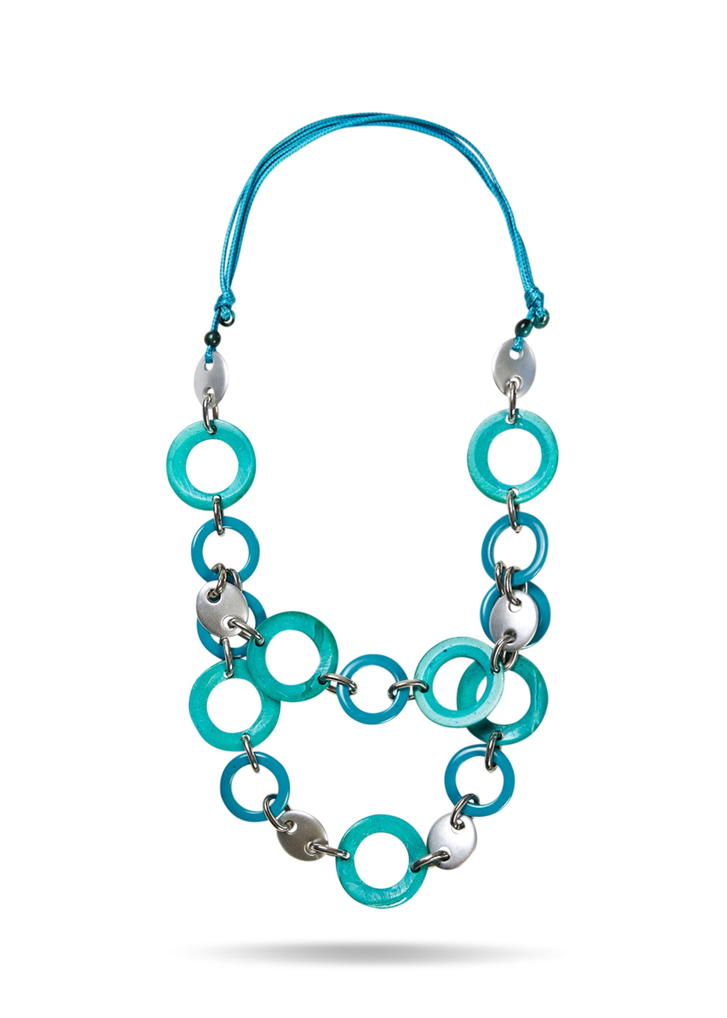 Handmade necklace with rings in various shades of turquoise