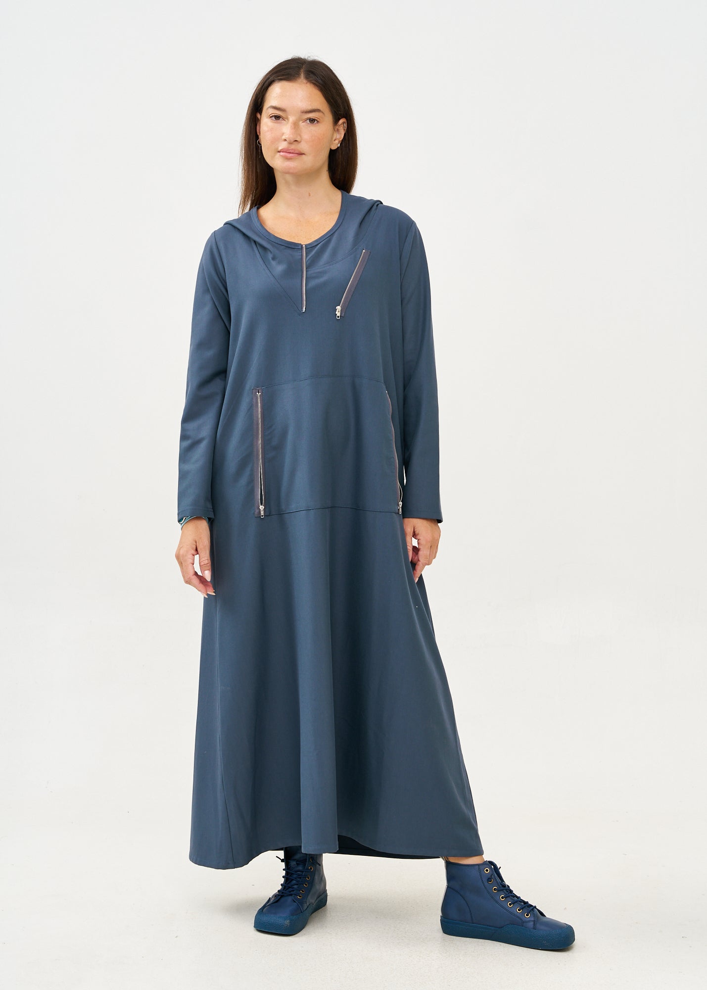 Long sleeve dress with hat and zipper, dark blue