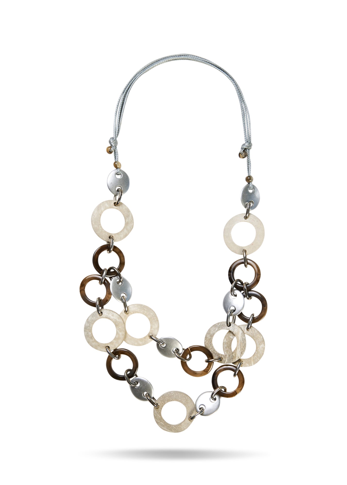 Handmade necklace with rings in various shades of gray