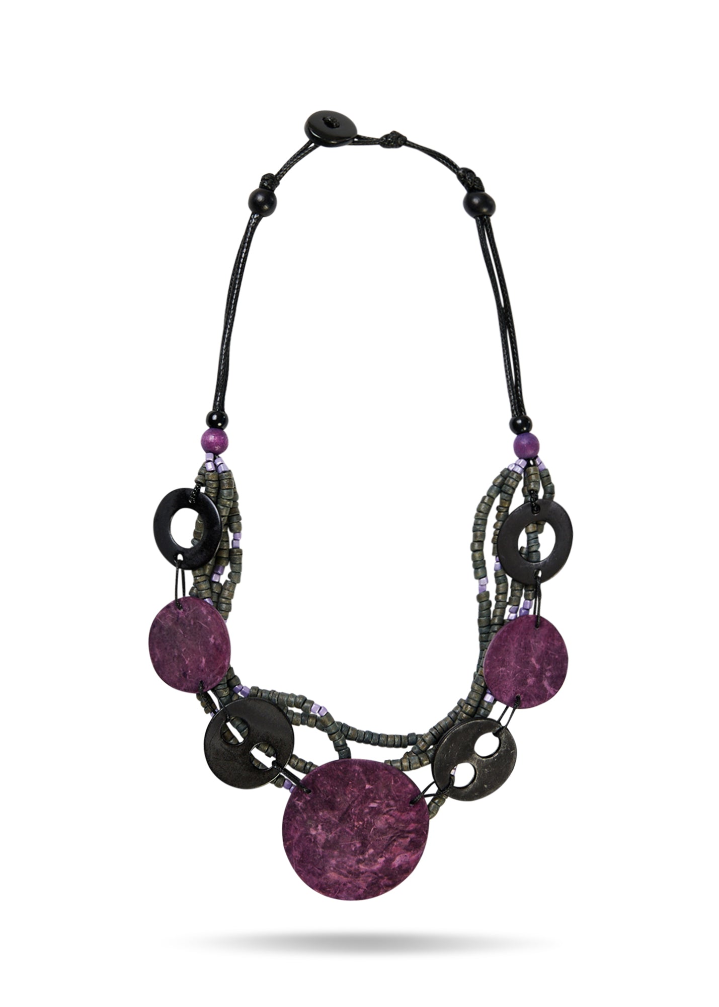 Large purple necklace of rows of beads and coconut discs